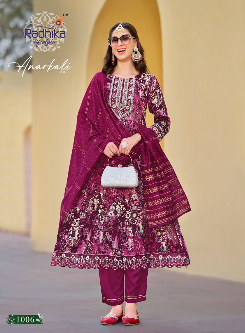 Anarkali Vol 1 By Radhika Heavy Rayon Printed Embroidery Kurti With Bottom Dupatta Wholesale Price In Surat
